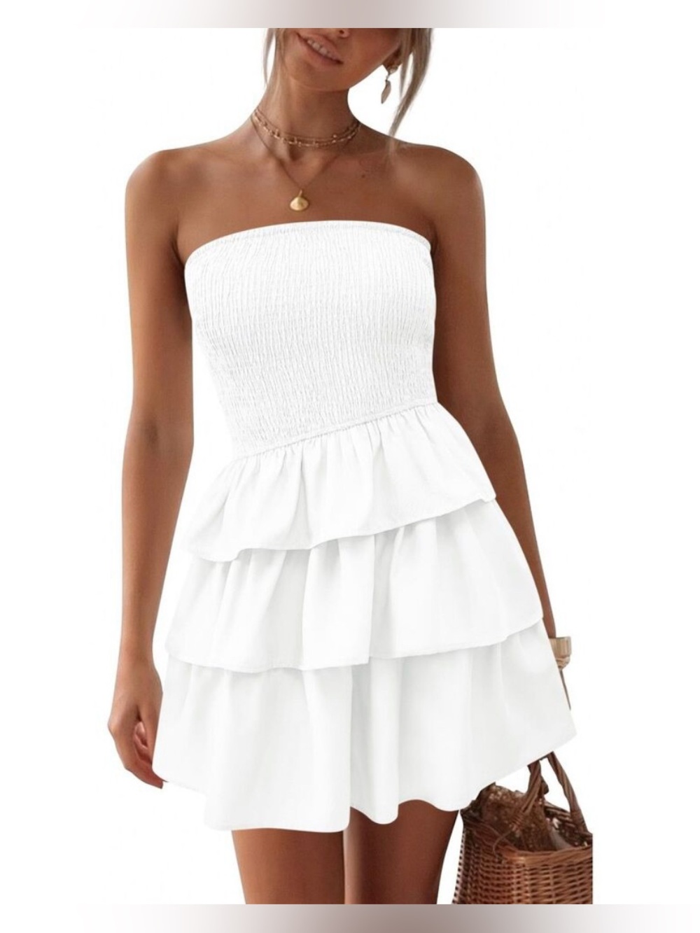 Smocked Strapless Tiered Ruffle Mini Dress — White